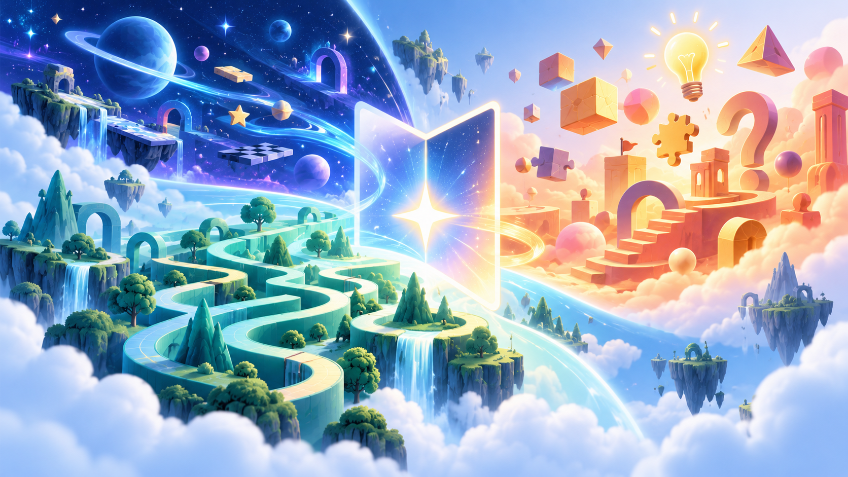 Concept illustration of several imaginative game worlds opening from one central idea.