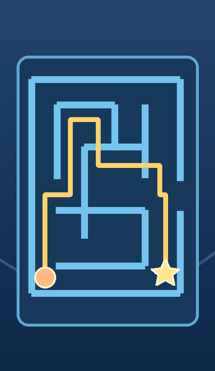 Concept illustration of a dot following a path through a small maze to an exit.