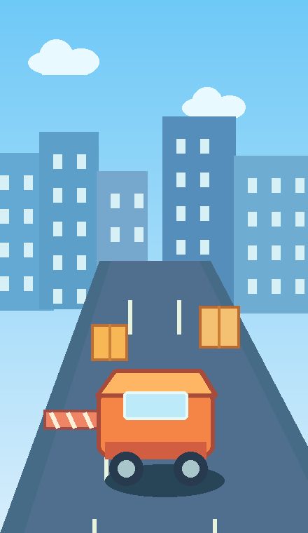 Concept illustration of a delivery cart among three lanes with parcels and roadblocks.