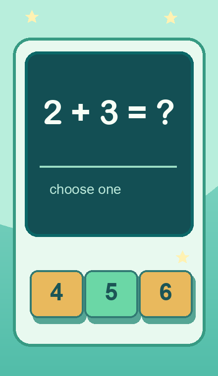 Concept illustration of arithmetic number tiles and answer choices on a desk.